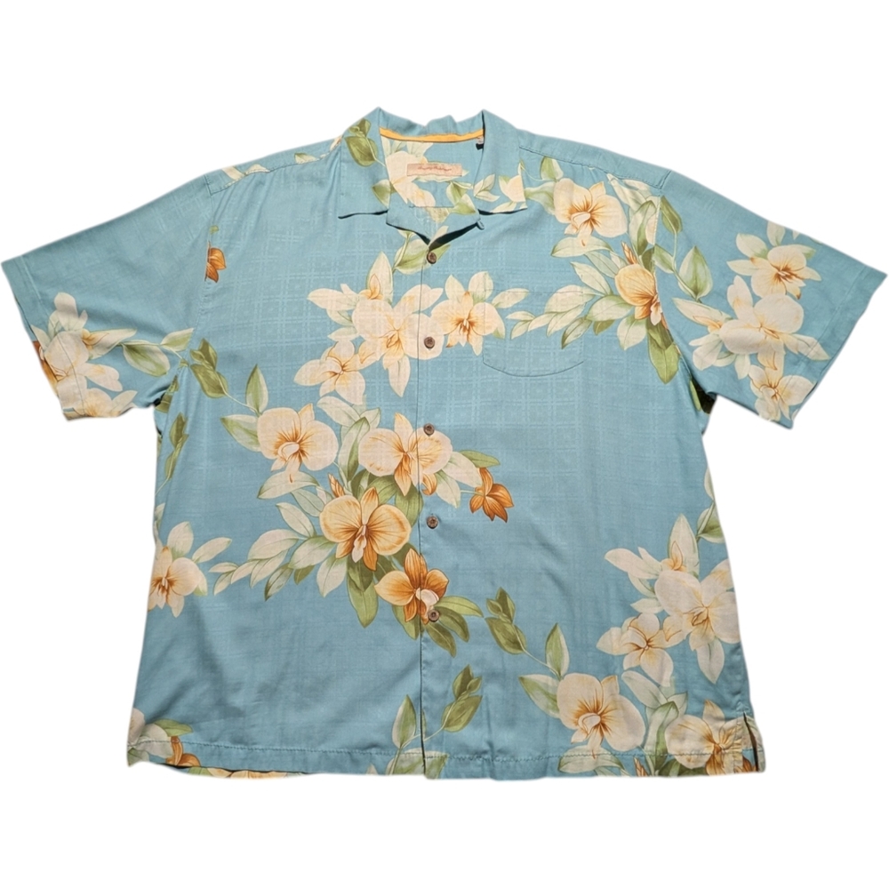 Tommy Bahama Silk Hawaiian Shirt Mens 2XL Baby Blue Floral Beach Button Up EUC